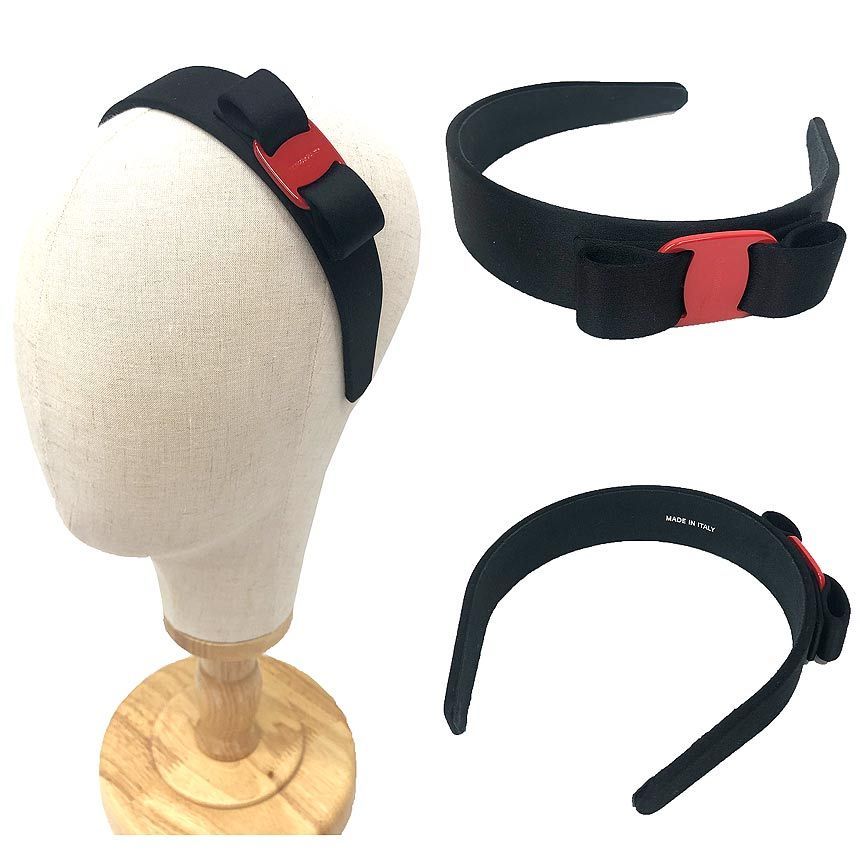 Ferragamo フェラガモ ヴァラ リボン カチューシャ ブラック×赤 サテン へア aq12225