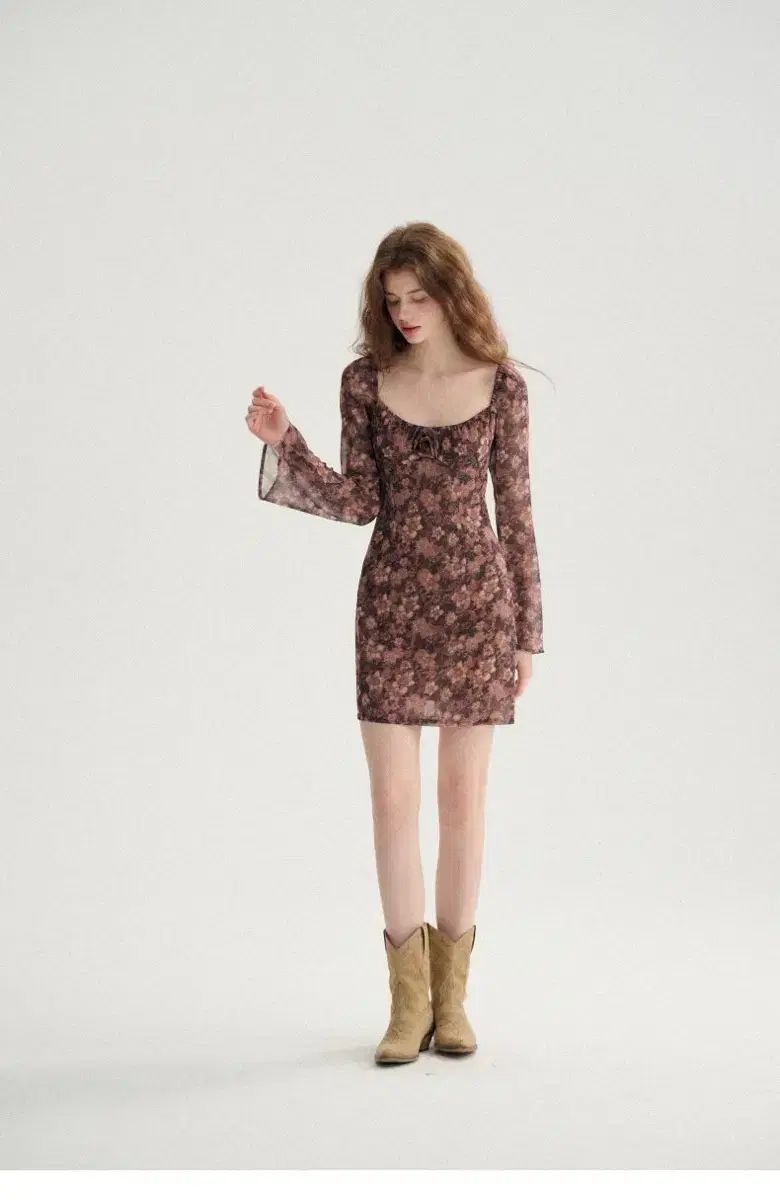 Sサイズ Since Then レッドブラウン ラウンド ミニワンピース 春 秋 エスニック フローラル ワンピース