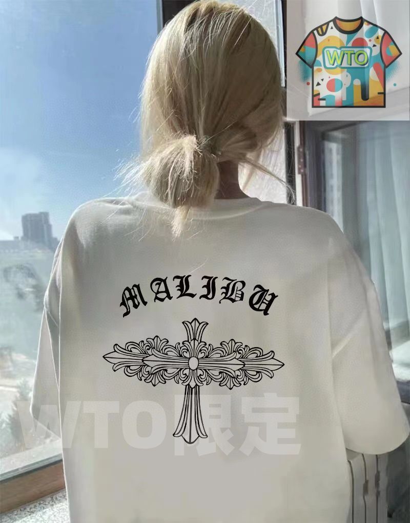 Chrome Hearts クロム ハーツ 発売 ハーストフラワーと十字アルファベットプリント コラボレーションシリーズ カップル用プリント T シャツ