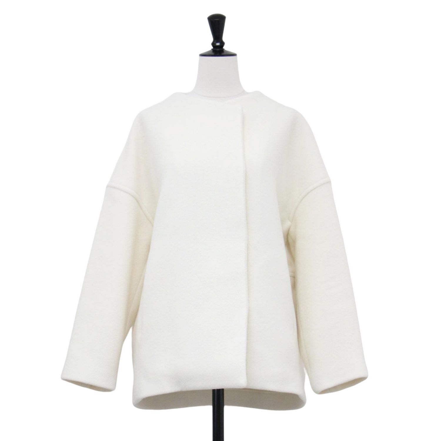 Ballsey ボールジー ジャケット 白 ホワイト サイズ 36 9号 23秋冬 ウールナイロン ベロア コクーンコート ジャケット 長袖 ミディ丈 ノー スナップボタン アウター ブルゾン 上着 レディース