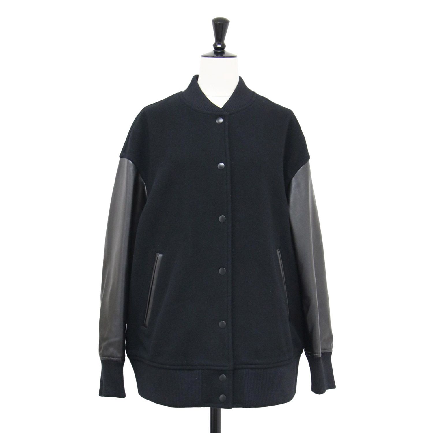 Spick-Span スピックアンドスパン ジャケット ブラック 黒 サイズ 38 M 21秋冬 スタジアムジャンパー ブルゾン シート丈 長袖 コンビ ウール フェイクレザー アウター ジャンパー 上着 レディース