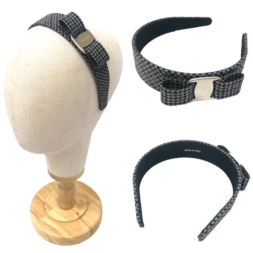 Ferragamo フェラガモ ヴァラ リボン カチューシャ 千鳥格子 グレー へア aq12226