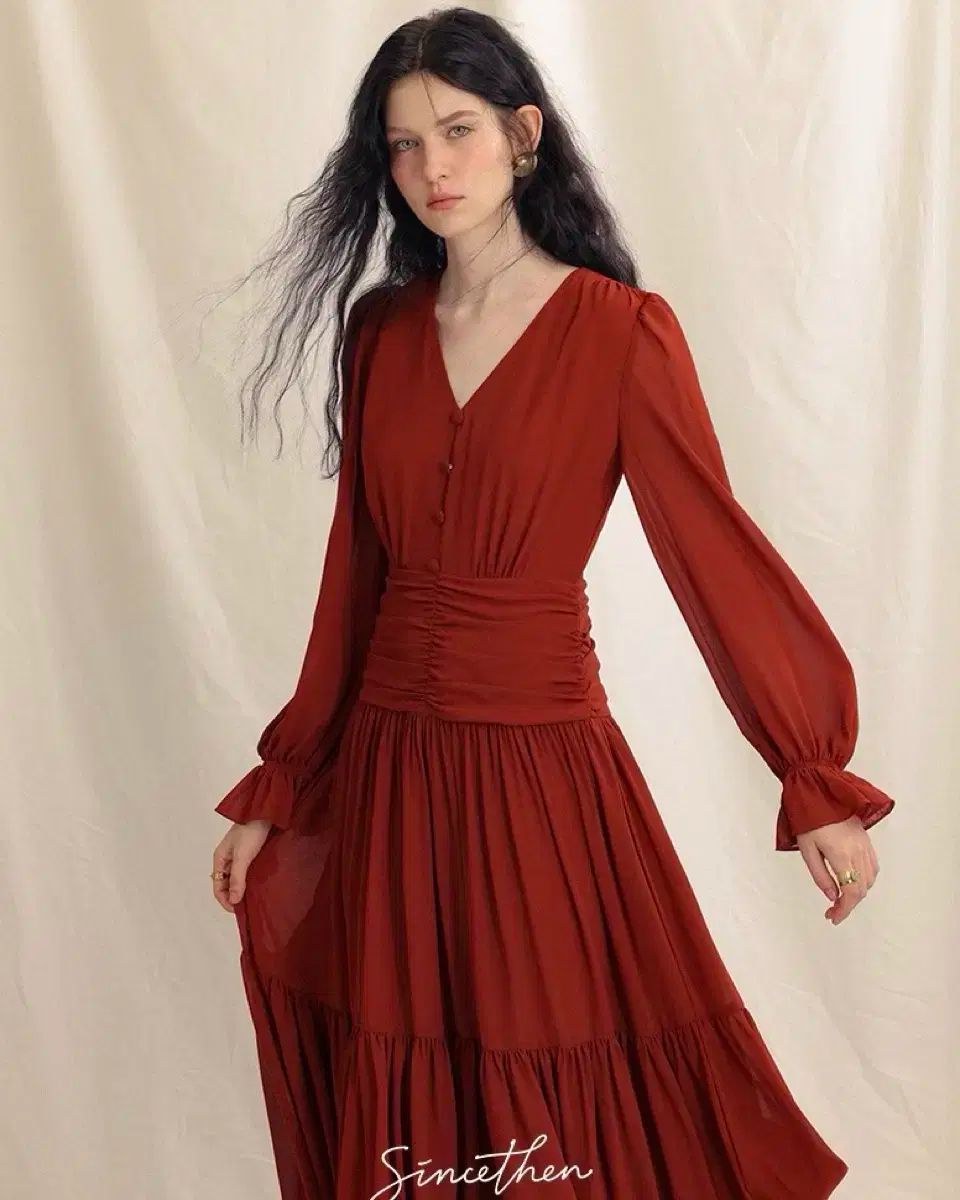 Mサイズ Since Then レッドシャーリングシフォンロング丈ワンピース 春 秋ワンピース