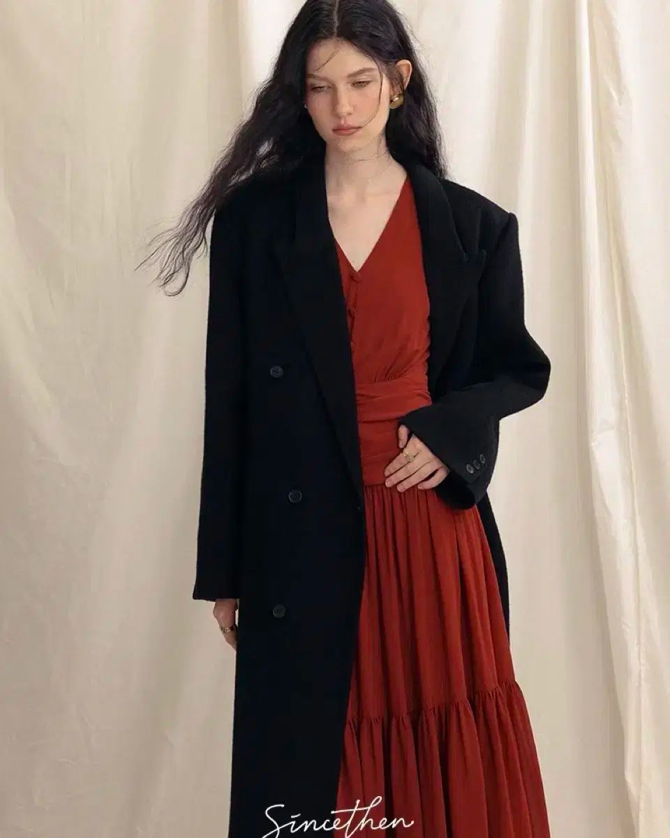  Mサイズ Since Then レッドシャーリングシフォンロング丈ワンピース 春 秋ワンピース 長袖 七分袖 その他