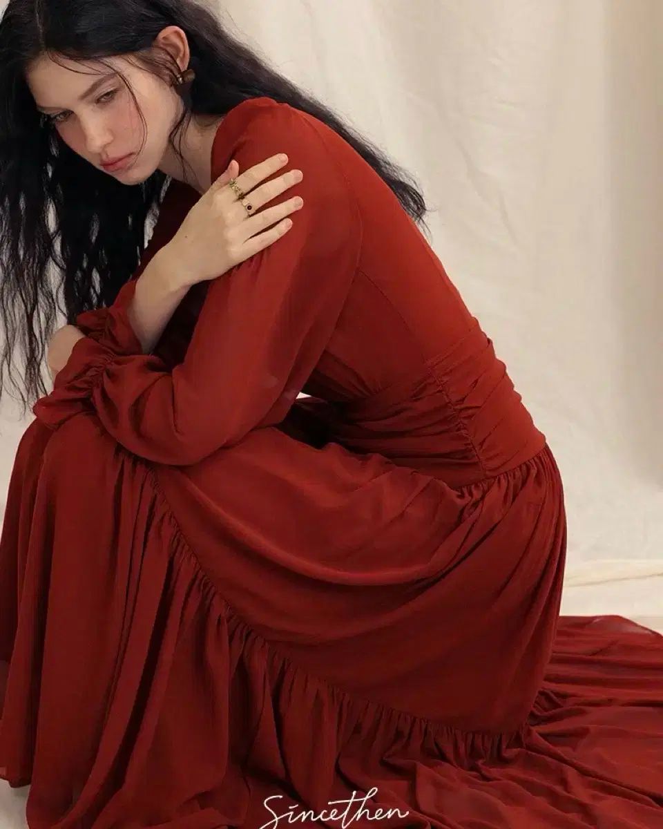 Mサイズ Since Then レッドシャーリングシフォンロング丈ワンピース 春 秋ワンピース