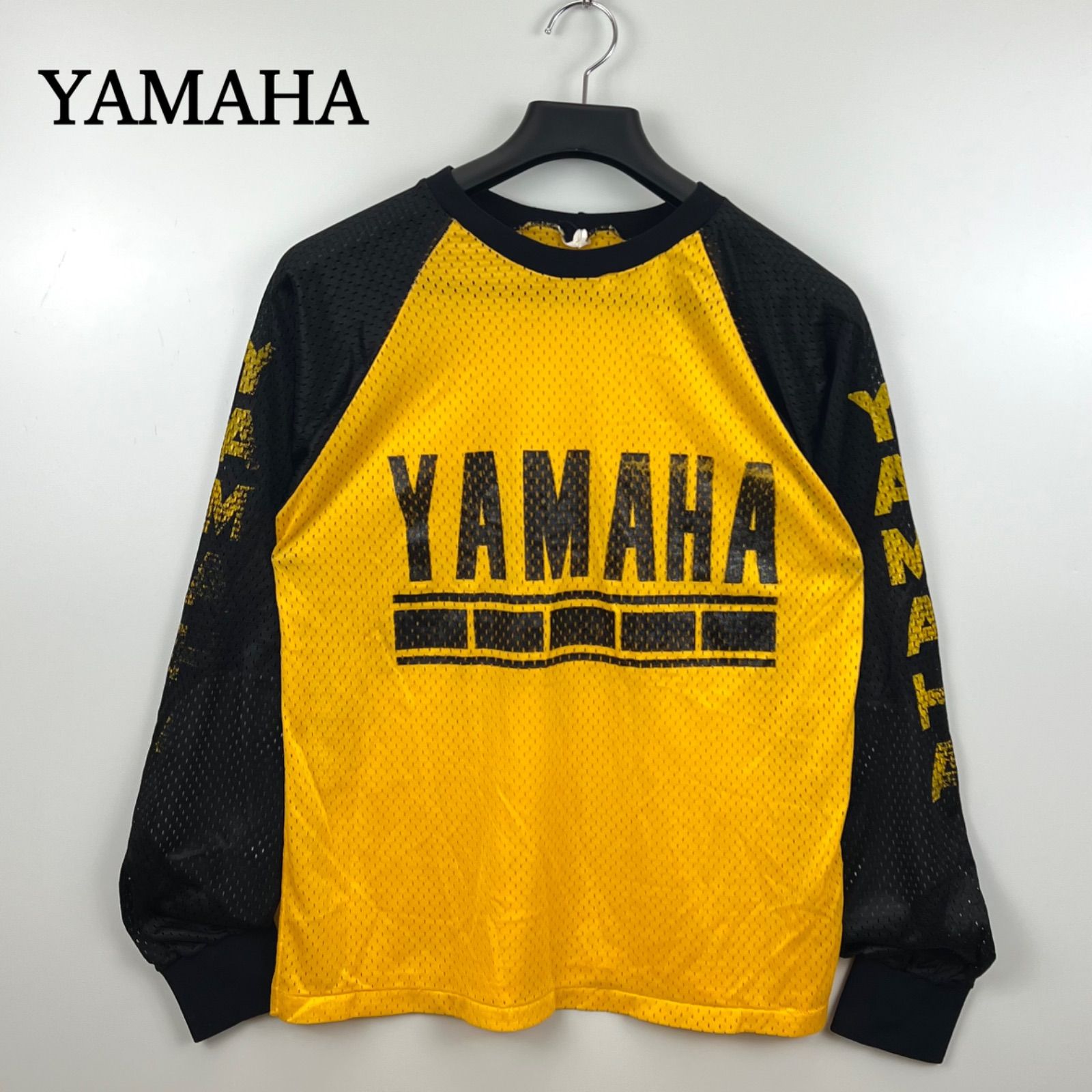 YAMAHA 90s VTG motocross print mesh L S Tee ヤマハ ヴィンテージ メッシュ ロンT モトクロス 肘当て ラバープリント