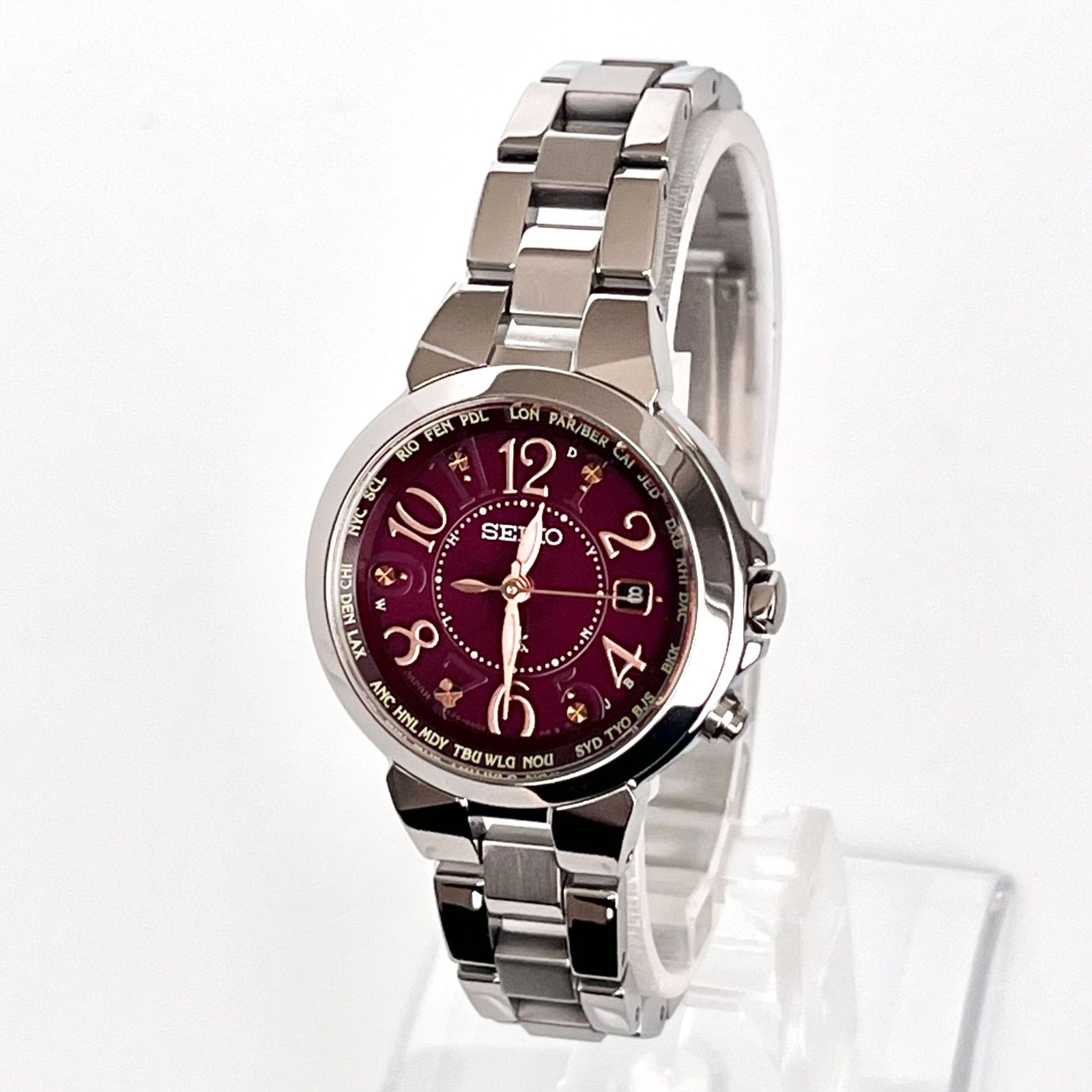 セイコー ルキア レディース 腕時計 稼働 電波ソーラー 磨き済み SEIKO LUKIA ワインレッド文字盤