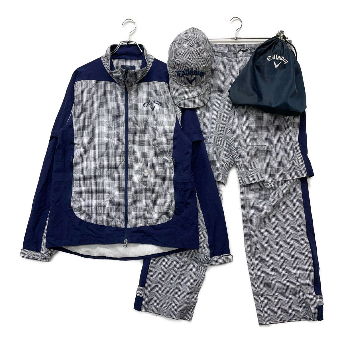 メンズ キャロウェイ Callaway レインウエア LL 白×紺 ホワイト×ネイビー 2WAY 上下 キャップ付き 収納袋付き 千鳥格子柄