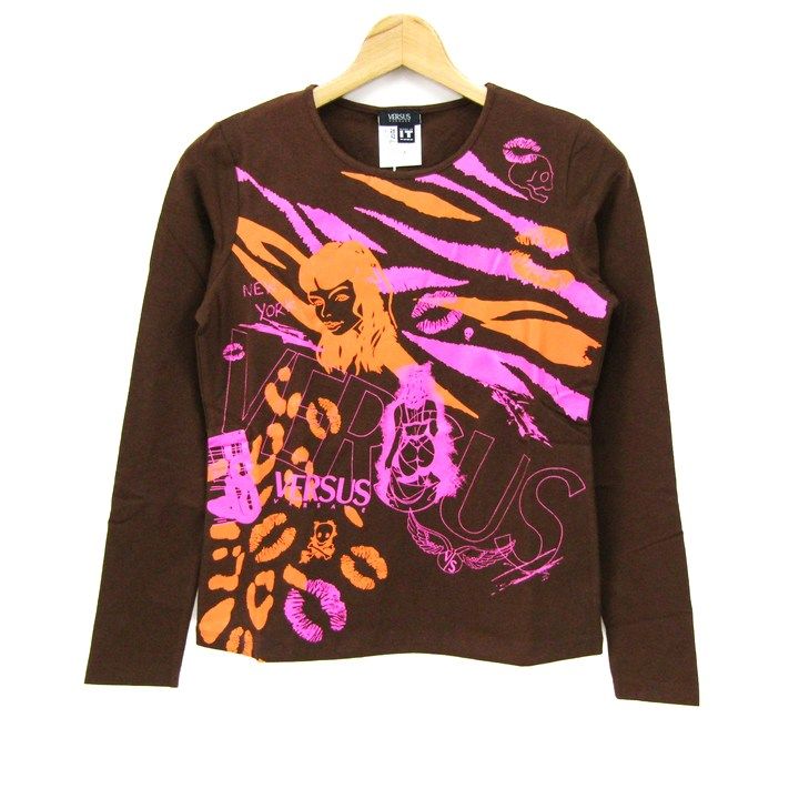 ヴェルサス 長袖Ｔシャツ トップス グラフィック ロンT イタリア製 レディース 28 42サイズ 茶×ピンク×オレンジ Versus