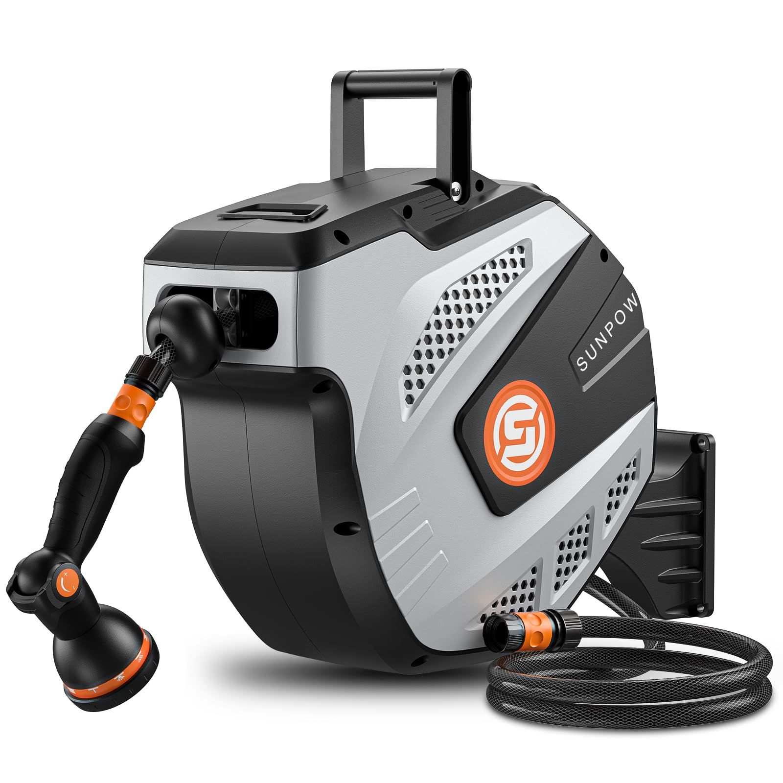 SUNPOW ホースリール 15 m 25 mリトラクタブルガーデンホース 10機能ノズル付き 180°壁掛けブラケット 自動巻き取り 散水ホース 日本語説明書付き