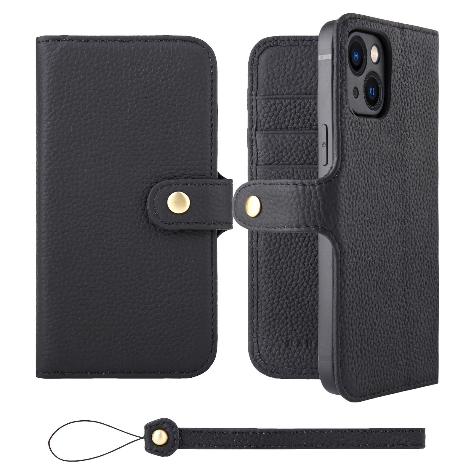 HANATORA iPhone13mini ケース 手帳型 本革 スマホケース スマホ スタンド ストラップ 付き シュリンクカーフレザー ギフト ベルトあり マグネットなし ブラック H0XB-13mini-Black ギフト 誕生日ギフト 女性 彼女