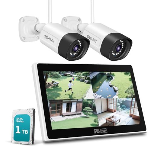 双方向音声 1TB HDD内蔵 防犯カメラ ワイヤレスSovmiku 10インチ超 モニタ一体型NVR 1536P 500万画素ワイヤレスカメラ2台セット10チャンネルまで増設可 遠隔監視 防水等級ip66 AI動体検知 屋内 6c54b8ba