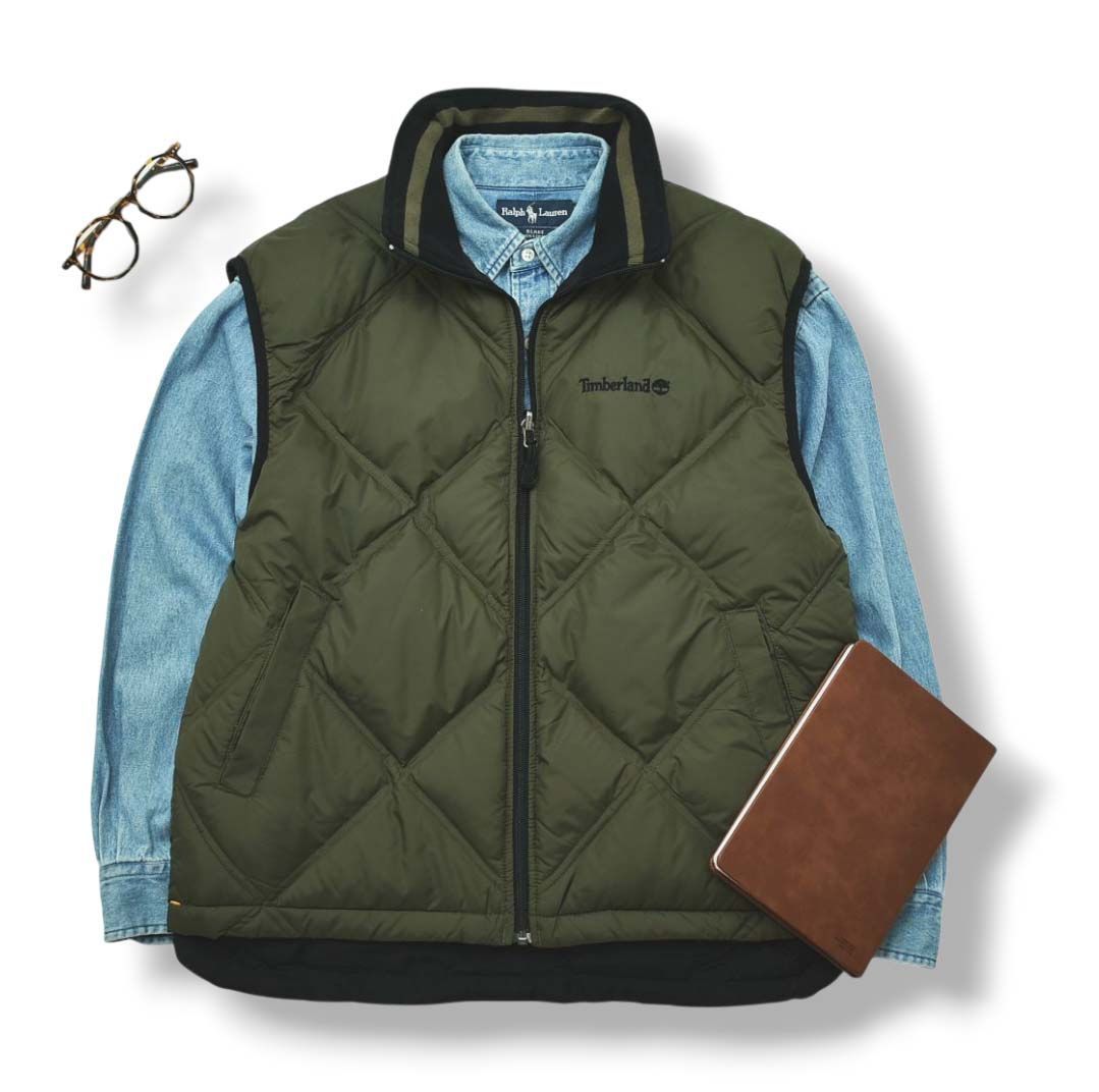 リバーシブル 90s ティンバーランド ジップアップ ダウン ベスト 緑 黒