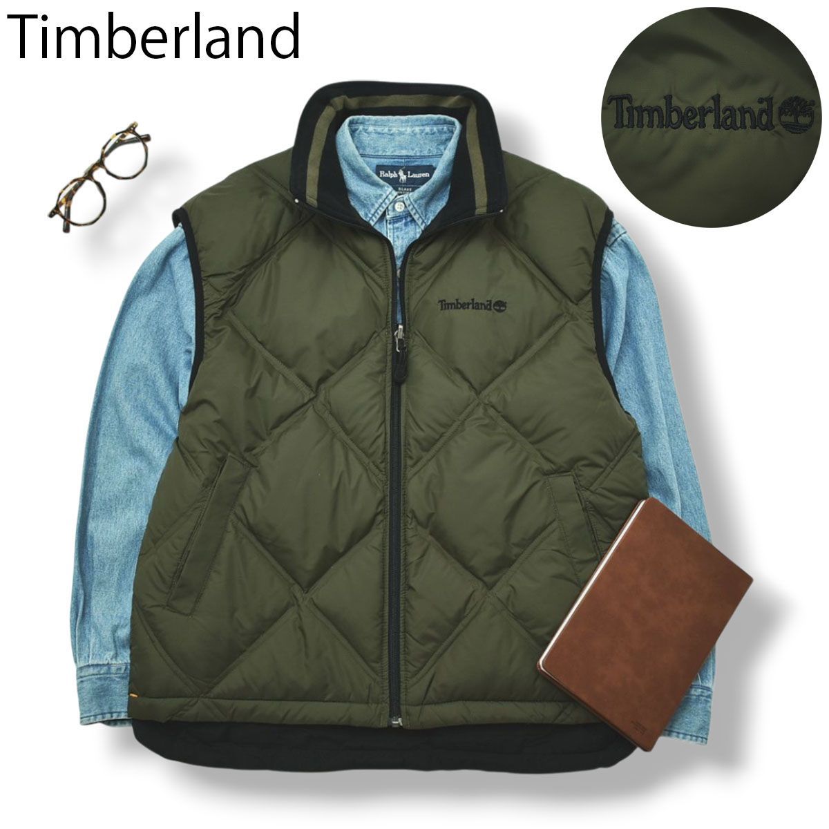 リバーシブル 90s ティンバーランド ジップアップ ダウン ベスト 緑 黒