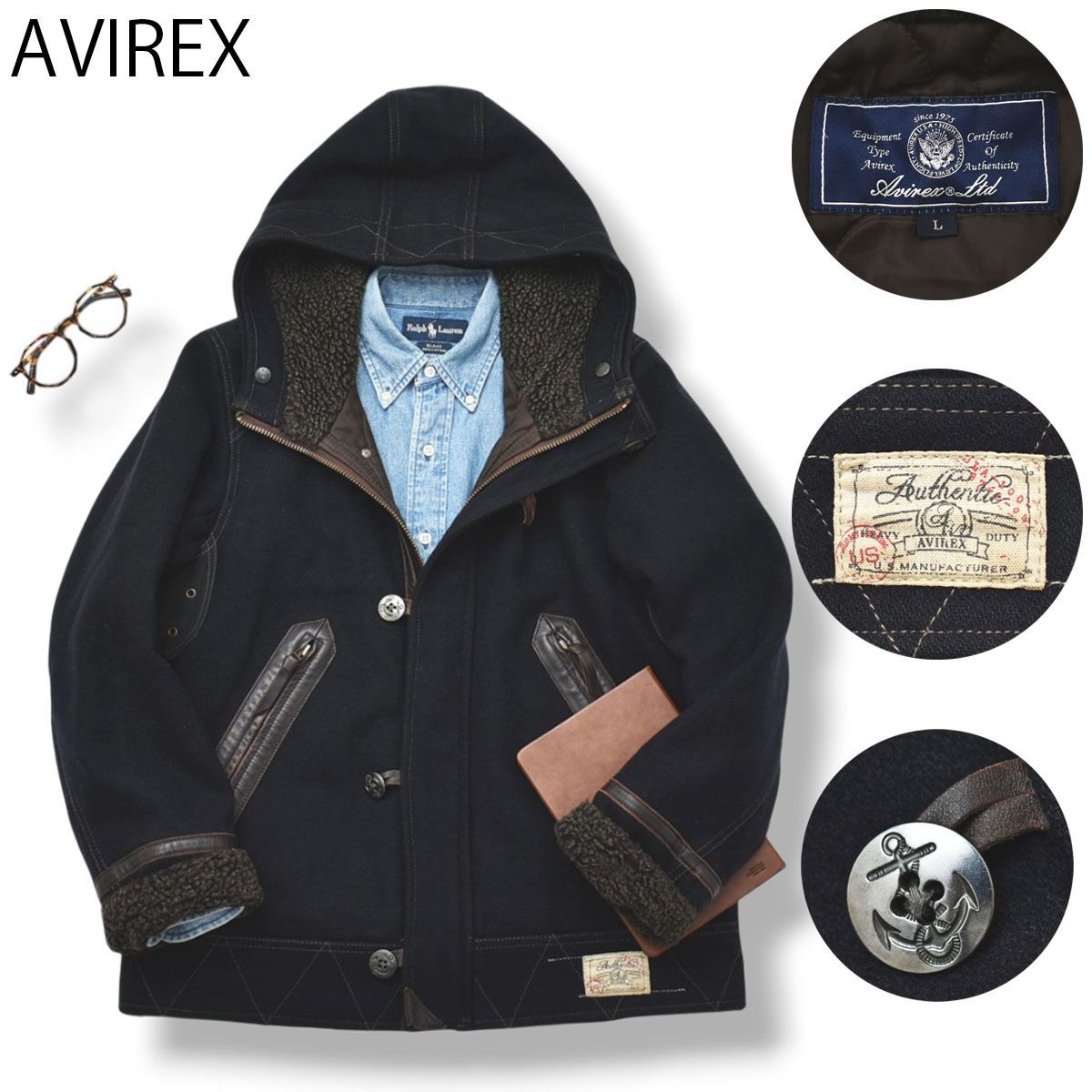 N-3B アヴィレックス メルトンウール ミリタリー ジャケット L 黒 茶