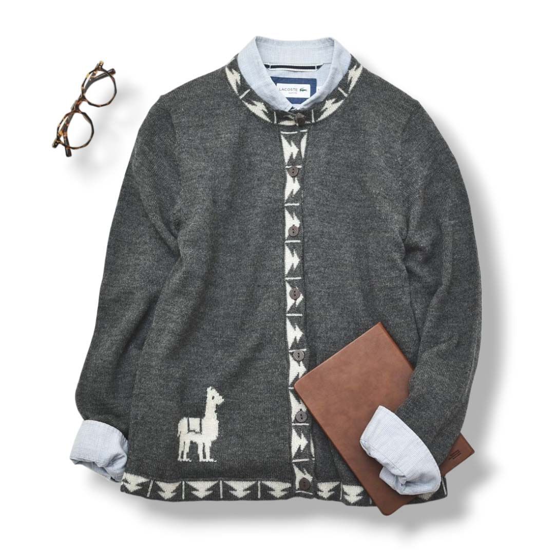 TMA アルパカウール ニット カーディガン M～L 灰 ｘ 白