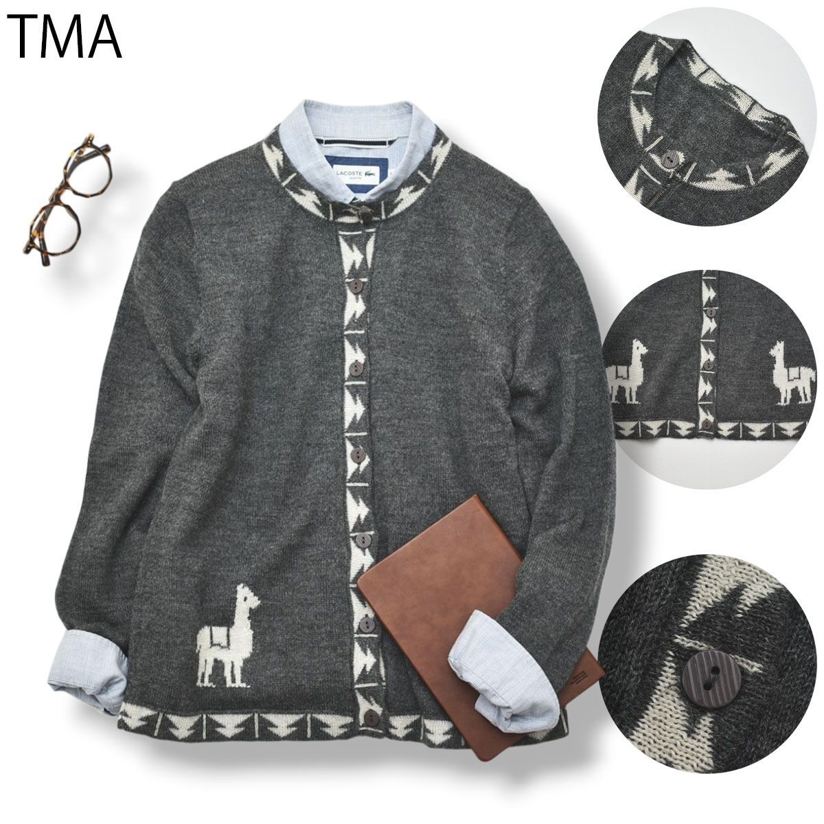 TMA アルパカウール ニット カーディガン M~L 灰 x 白