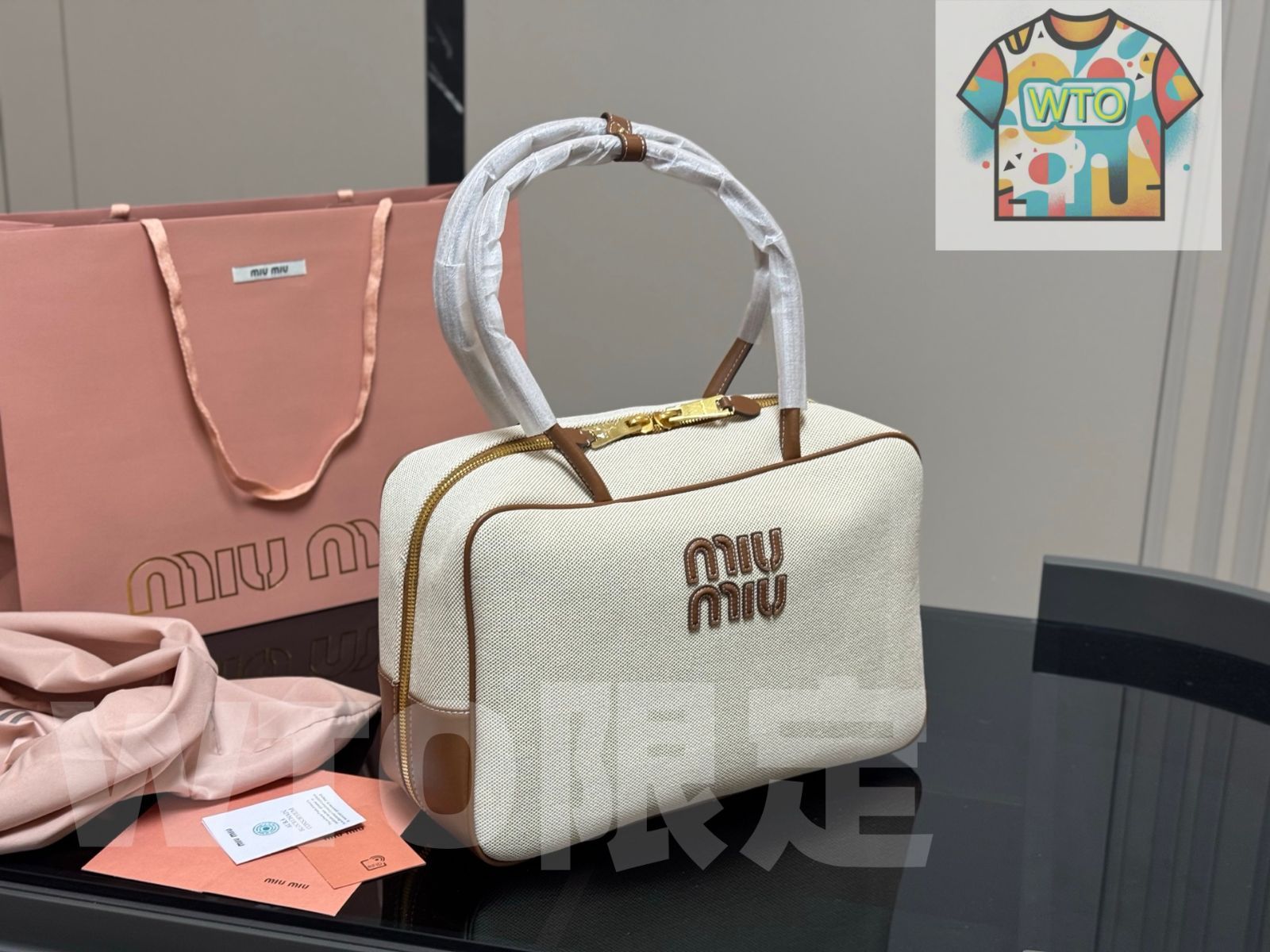 今日 miumiu ボウリングバッグ キャンバスオフィスバッグ 35 22 cm WTO輸入1