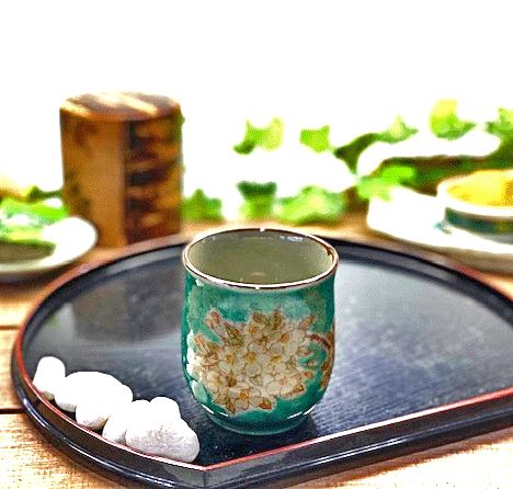 九谷焼 湯呑 湯飲み 大 しだれ桜 緑塗り 裏絵