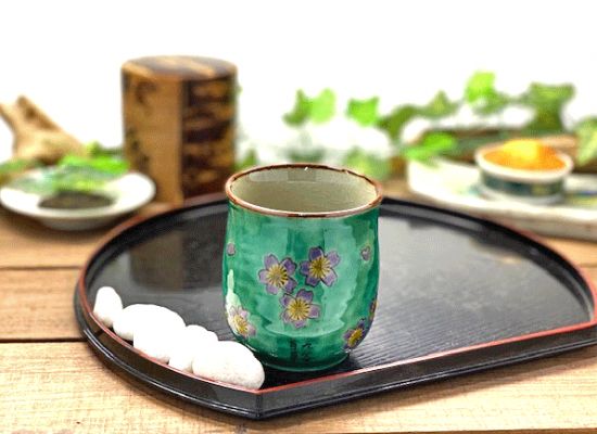 九谷焼 湯呑 湯飲み 大 グリーン地桜 裏絵