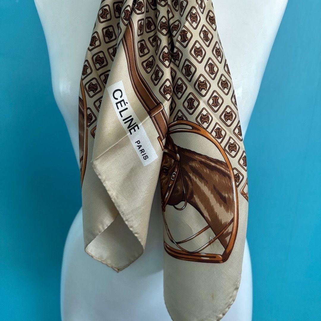  CELINE セリーヌ 馬具と馬車柄 シルク 大判スカーフ ベージュ ブラウン バンダナ スカーフ 小物