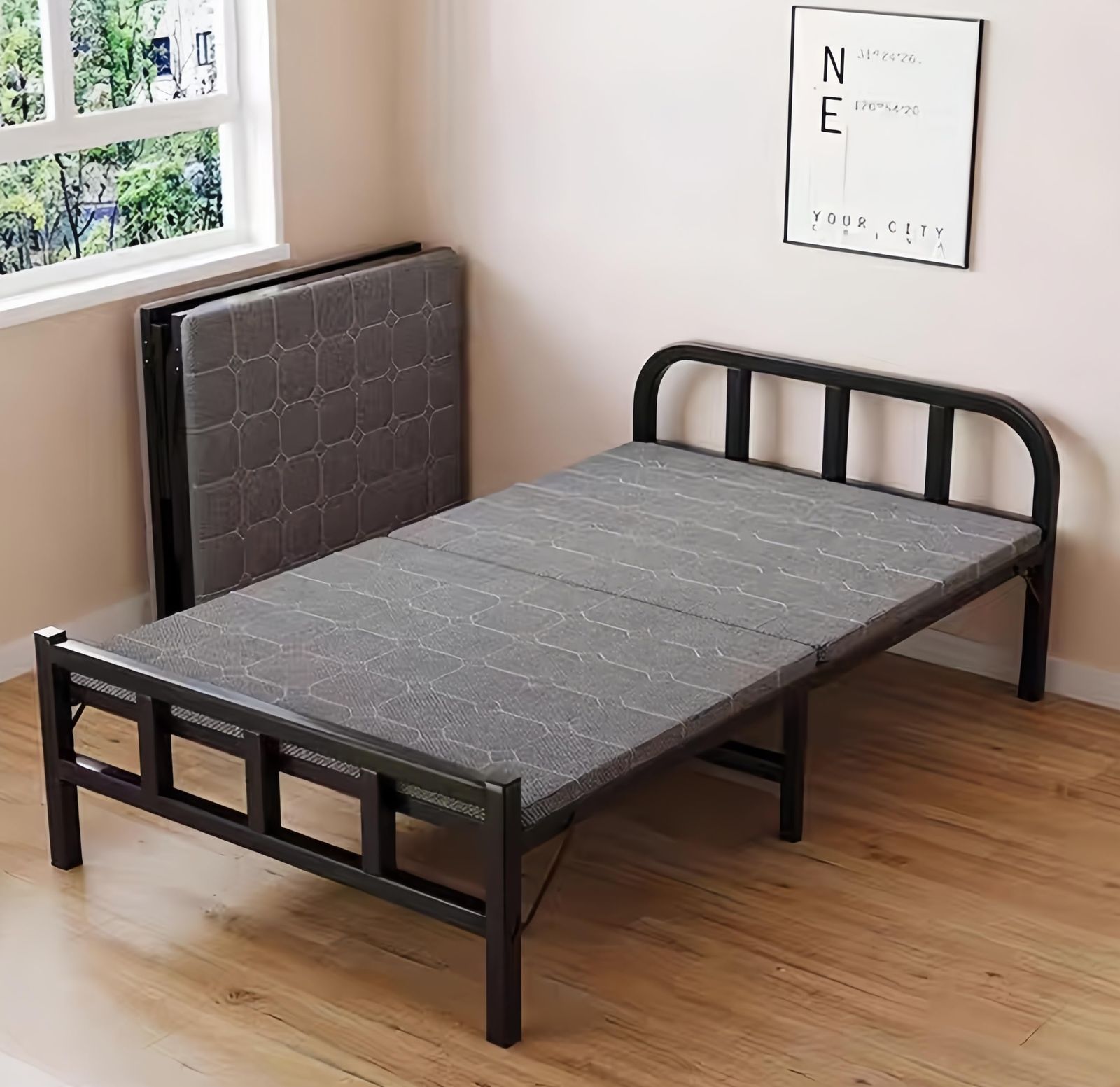 シングルベッド 簡易ベッド 幅80CM アウトドア用折りたたみ コンパクト収納 室内外兼用 頑丈で耐久性がある 安定 静音 通気 完成品 組み立て不要 仮眠用 来客用 一人暮らし ブラック 80x190x39cm