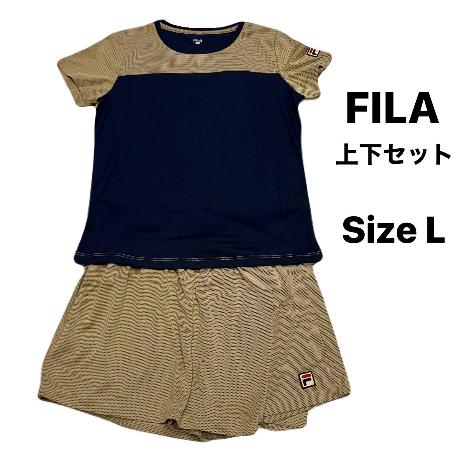 FILA フィラ ゲームシャツ 上下 セットアップ 吸水速乾 UVカット VL2921 2923 フィラネイビー ベージュ レディース 刺繍ロゴ テニス スポーツ トゥダイドットニット ポリエステル