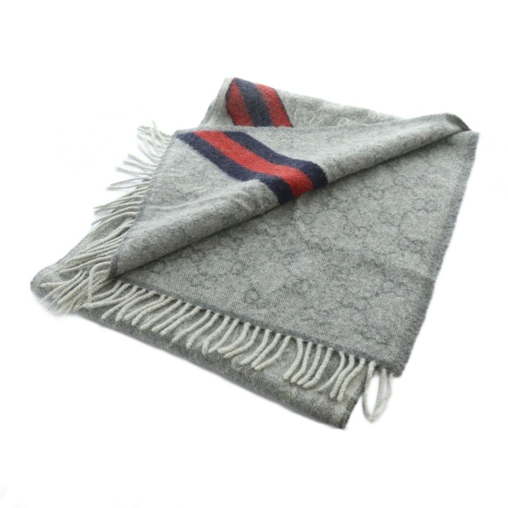 グッチ GUCCI マフラー ストール ロゴ シェリーライン GG柄 フリンジ グレー GY11 MQ OH