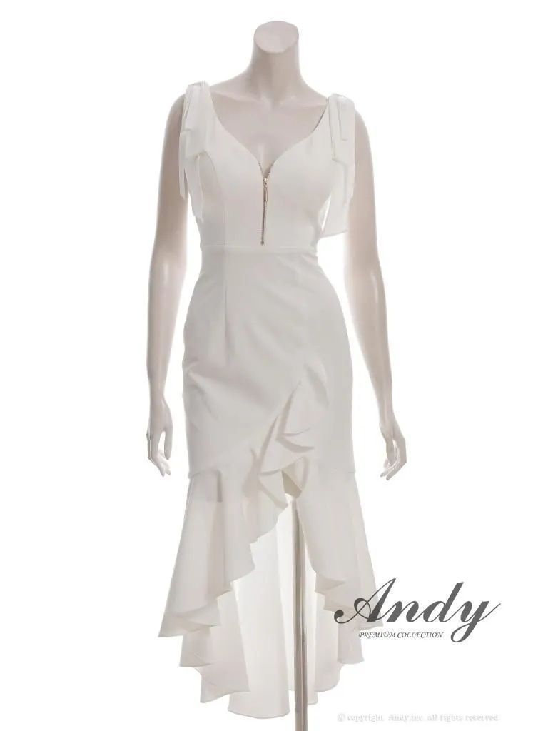 ホワイト OF05 ON3011-NV-2510 ANDY アンディ リボン フロントジップ ノースリーブ フリル テールカット ミディアムドレス キャバドレス