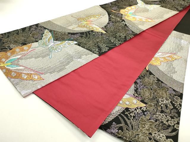 平和屋着物◎全通柄袋帯 横段花蝶文 正絹 逸品 AABA2167yx