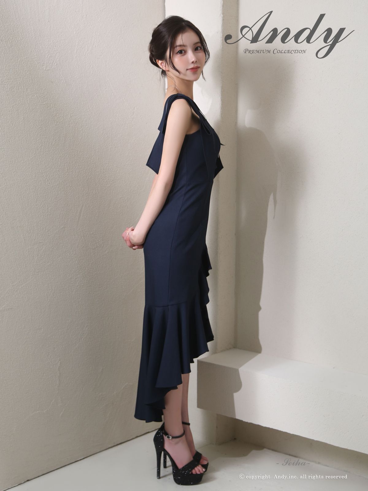 ネイビー OF05 ON3011-NV-2510 ANDY アンディ リボン フロントジップ ノースリーブ フリル テールカット ミディアムドレス キャバドレス