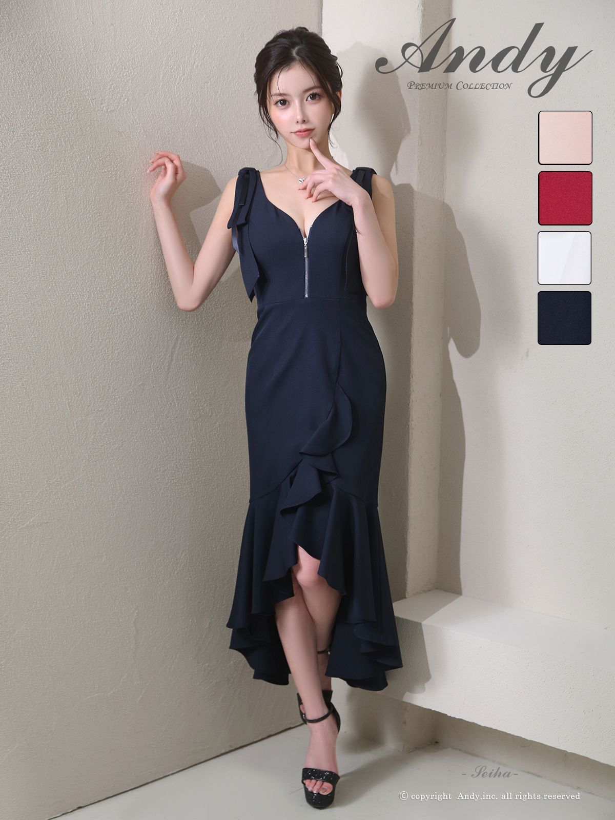 ネイビー OF05 ON3011-NV-2510 ANDY アンディ リボン フロントジップ ノースリーブ フリル テールカット ミディアムドレス キャバドレス