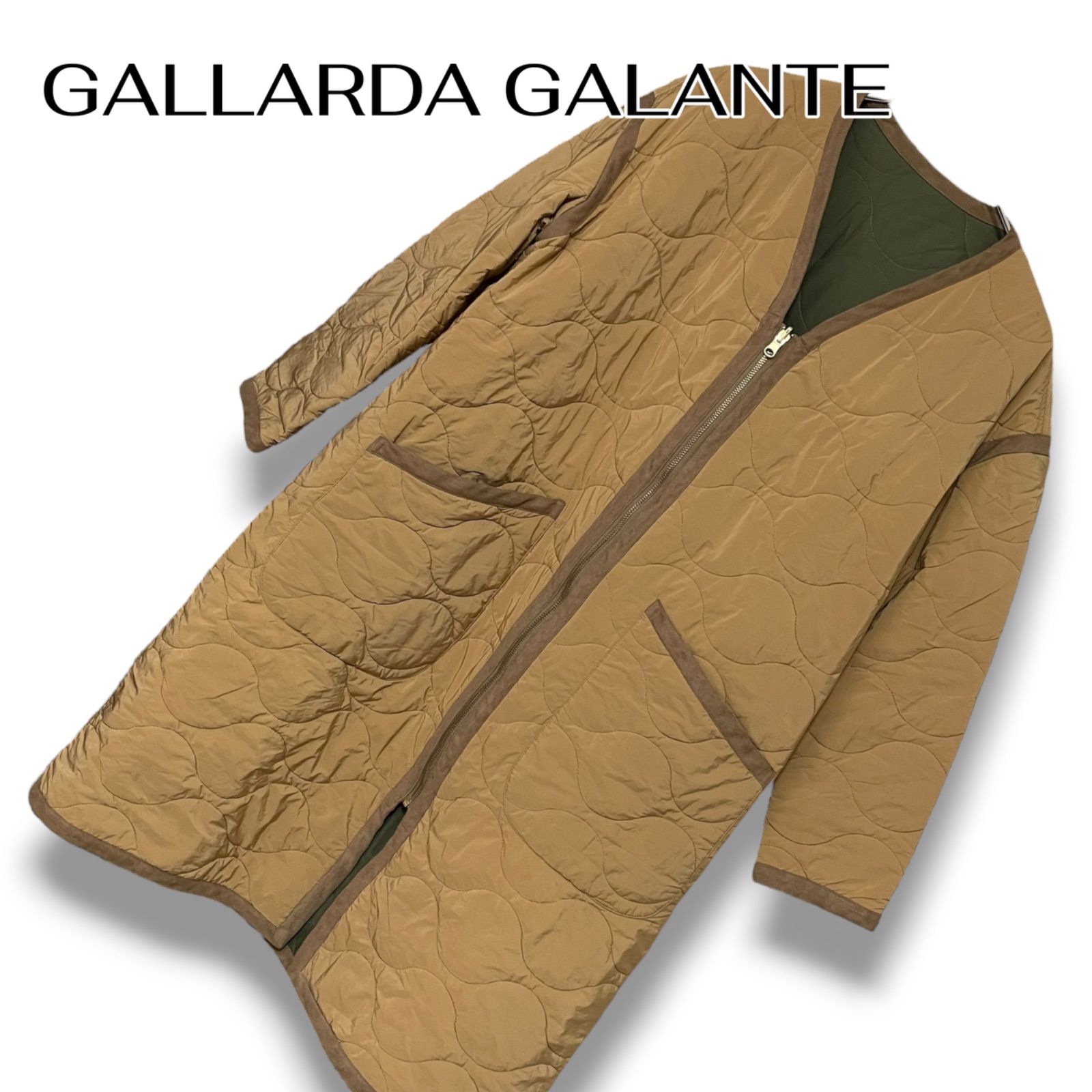GALLARDA GALANTE ガリャルダガランテ 黄土色×カーキ キルティング ロングコート リバーシブル ポリエステル ナイロン レディース Vネック ジップアップ 中綿 フリーサイズ相当 0000759OC