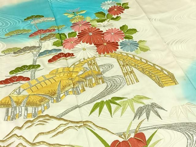 平和屋着物□豪華振袖 刺繍 風景流水花文 暈し染め 金銀糸 正絹 逸品