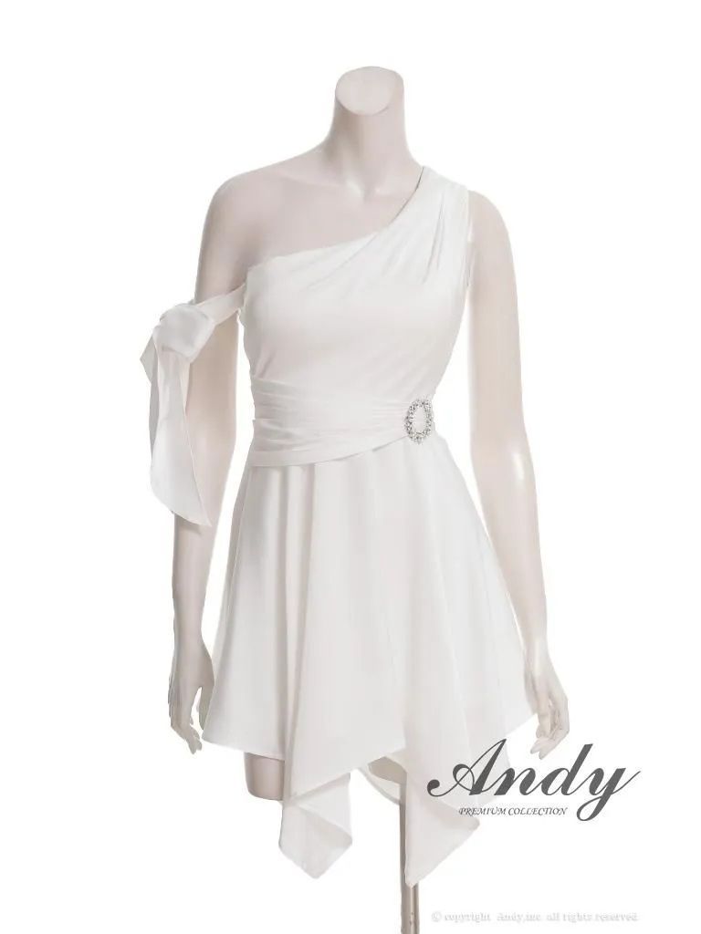 ホワイト OF05 ON3022-R-2511 ANDY アンディ 2way アームリボン付き ワンショル ビジューバックル アシンメトリー フ ミニドレス キャバドレス