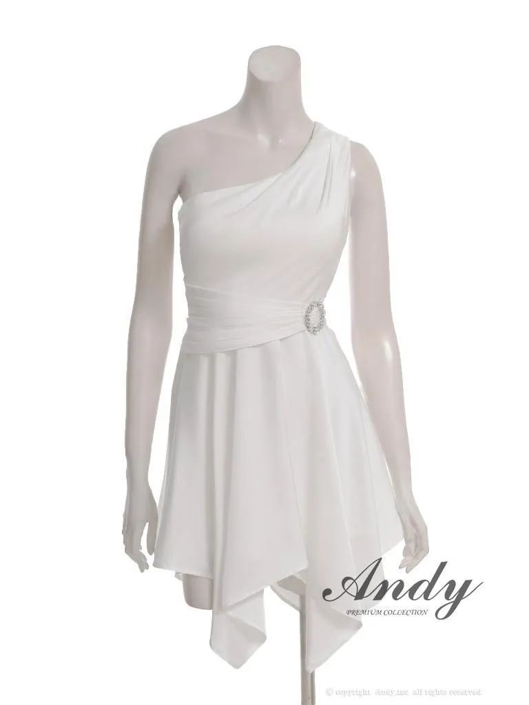 ホワイト OF05 ON3022-R-2511 ANDY アンディ 2way アームリボン付き ワンショル ビジューバックル アシンメトリー フ ミニドレス キャバドレス