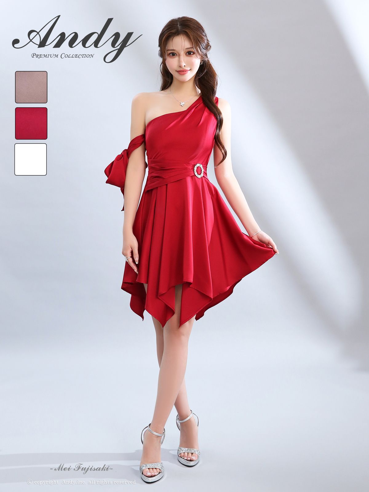 レッド OF 05 ON 3022 R 2511 ANDY アンディ 2 way アームリボン付き ワンショル ビジューバックル アシンメトリー フ ミニドレス キャバドレス