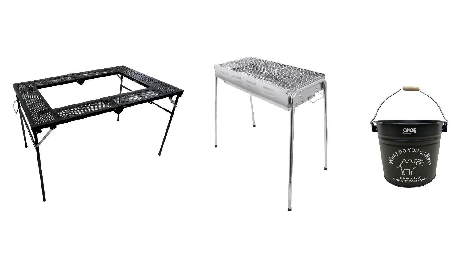 尾上製作所 ONOE BBQテーブル T-4683 大型BBQコンロにも対応 コンロ回りに食器などを置くことが出来る 折りたためてコンパクトに収納 脚は本体に収納 2種類のストッパー付き 立って 座って調理 高さ2段階調整 キャンプテー