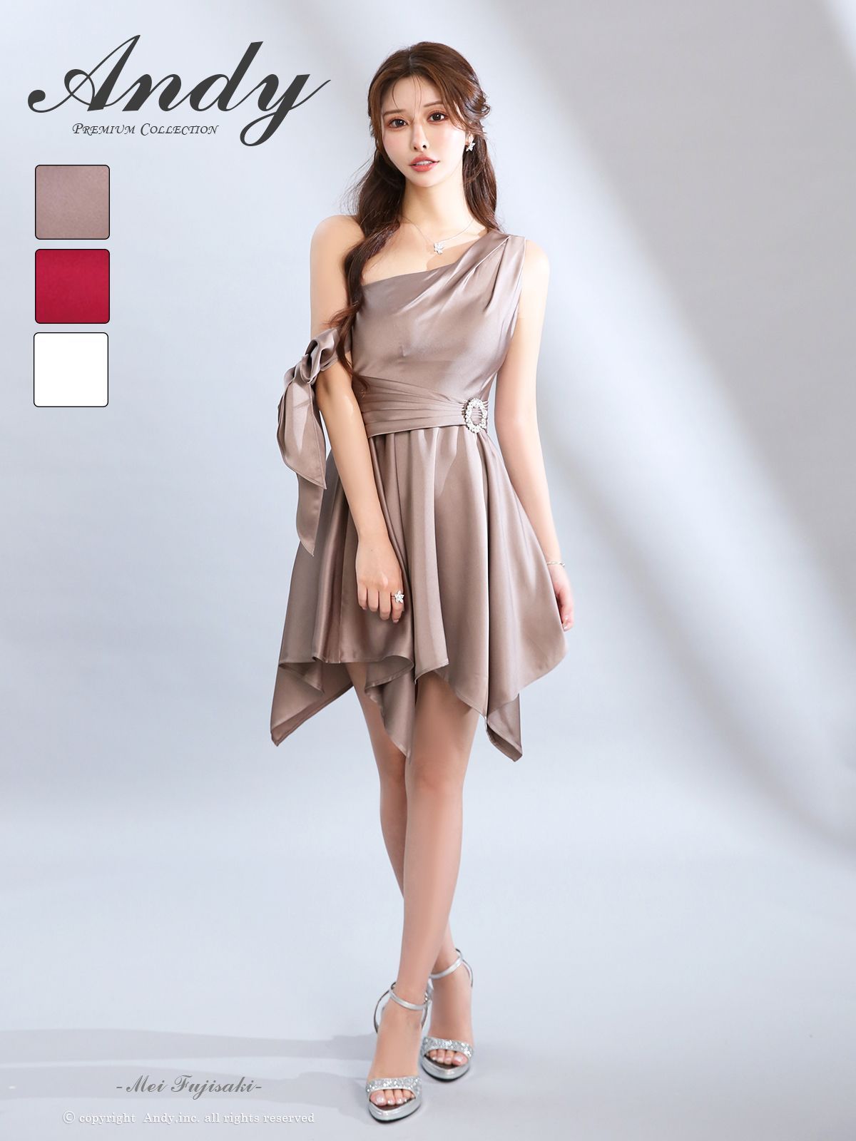 モカ OF05 ON3022-R-2511 ANDY アンディ 2way アームリボン付き ワンショル ビジューバックル アシンメトリー フ ミニドレス キャバドレス