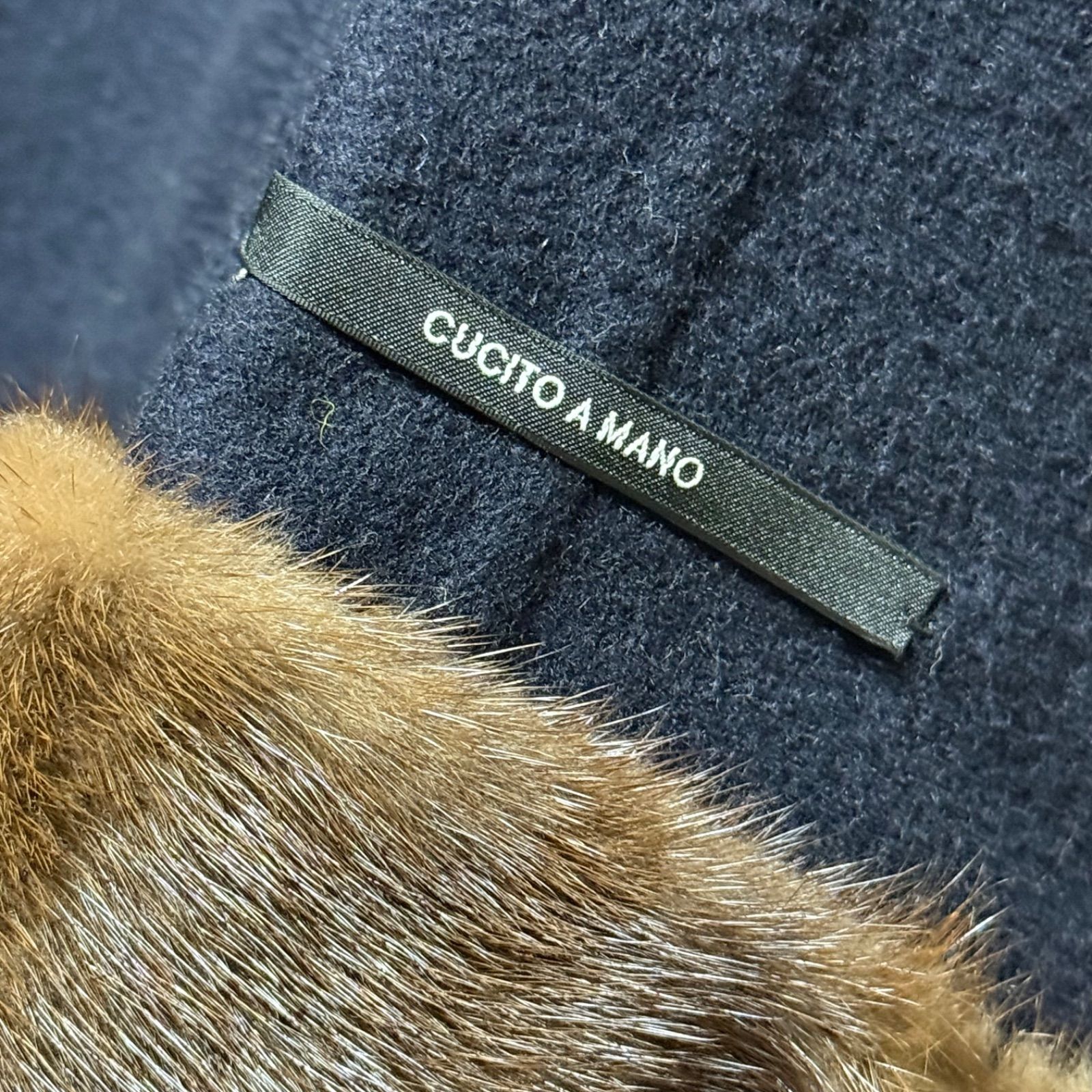 ミンクファー× クチートアマーノ MaxMara バージンウール ゆったりノー ハーフコート 大きいサイズ ネイビー紺 イタリア製