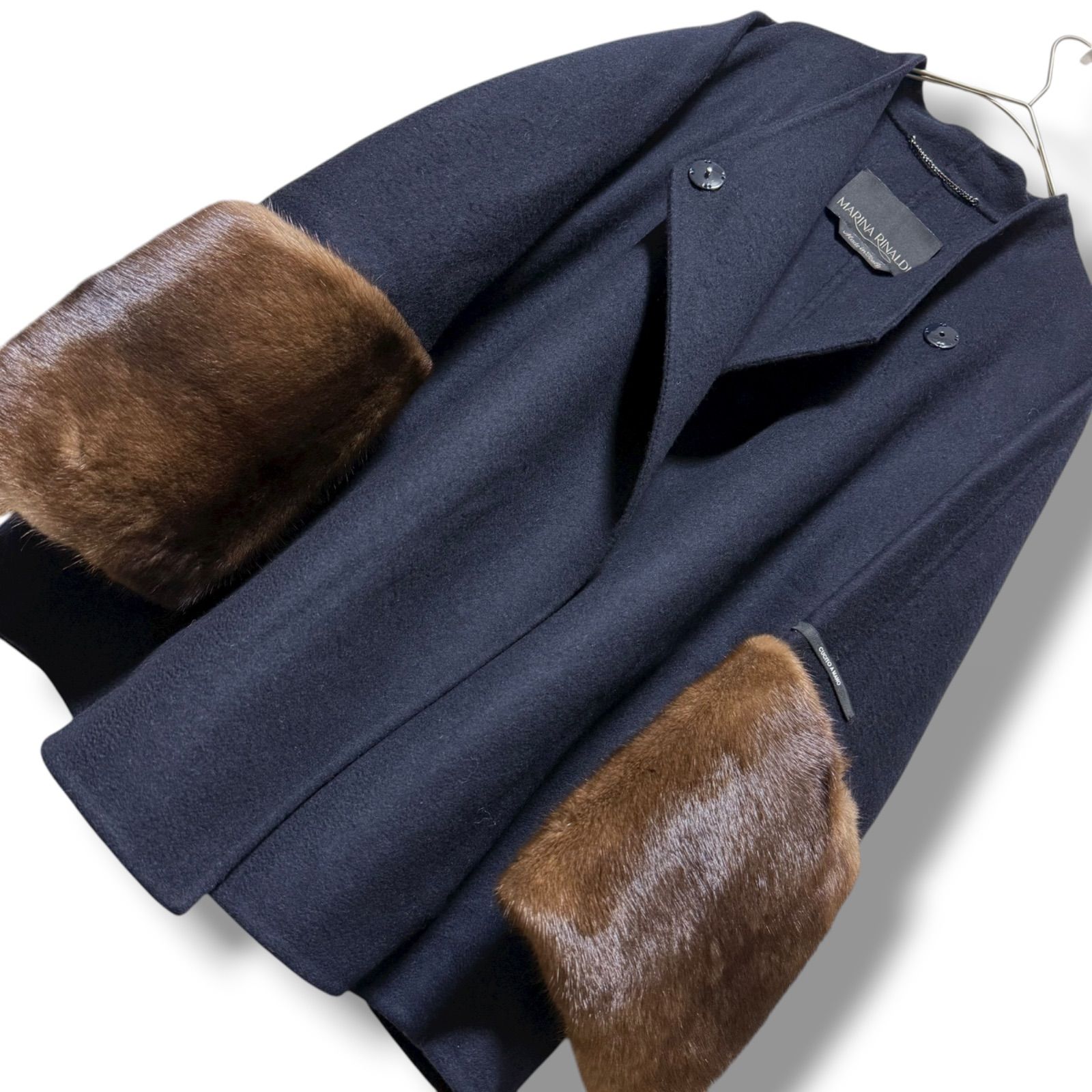 ミンクファー× クチートアマーノ MaxMara バージンウール ゆったりノー ハーフコート 大きいサイズ ネイビー紺 イタリア製