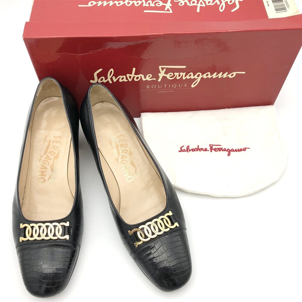 Ferragamo ガンチーニ パンプス クロコ型押し チャンキーヒール スクエアトゥ ブラック 1778 A