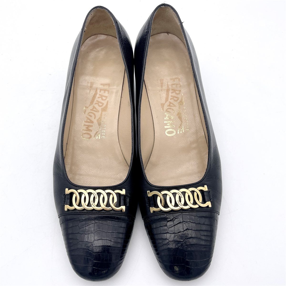  Ferragamo ガンチーニ パンプス クロコ型押し チャンキーヒール スクエアトゥ ブラック 1778 A ハイヒール パンプス パンプス