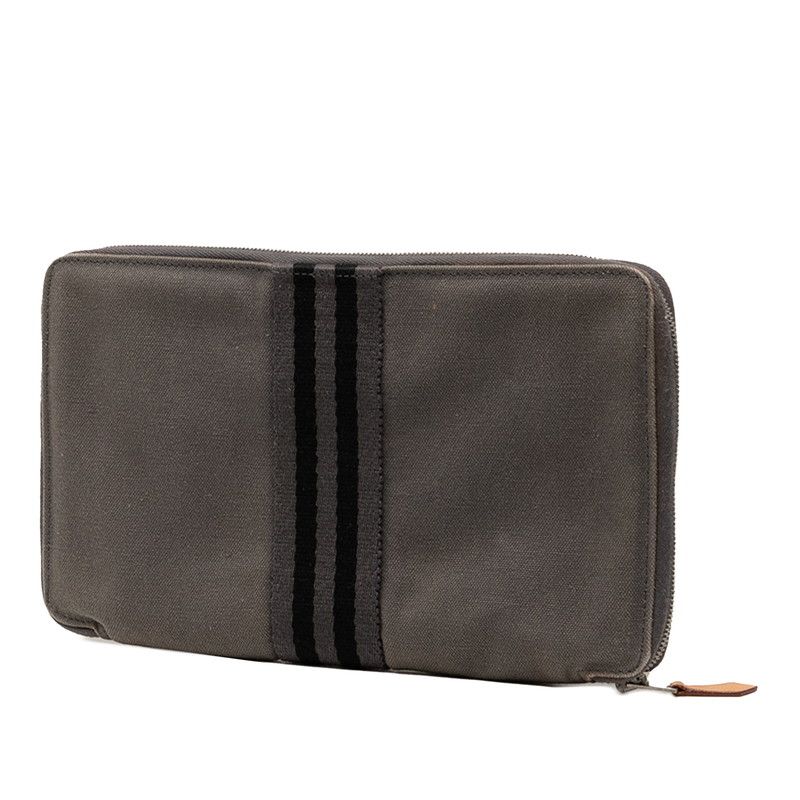 エルメス フールトゥ マルチ パースGM ラウンドファスナー 長財布 グレー ブラック キャンバス レディース HERMES 1-0240049