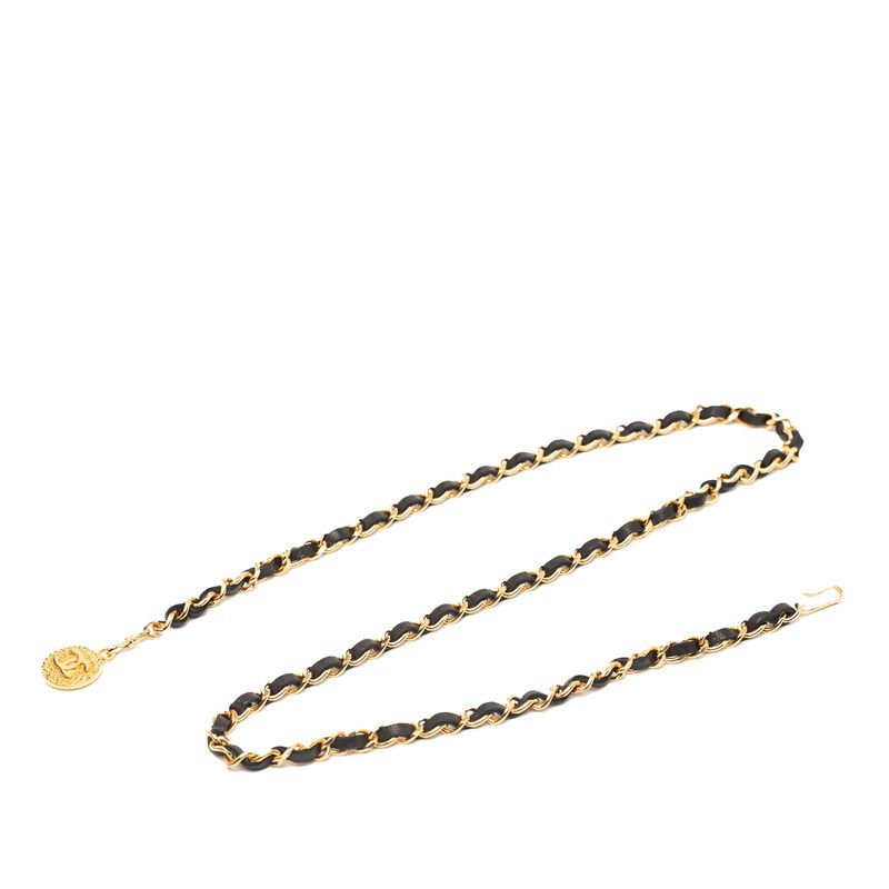シャネル ココマーク チェーン ベルト ゴールド ブラック メッキ レザー レディース CHANEL 1-0240086