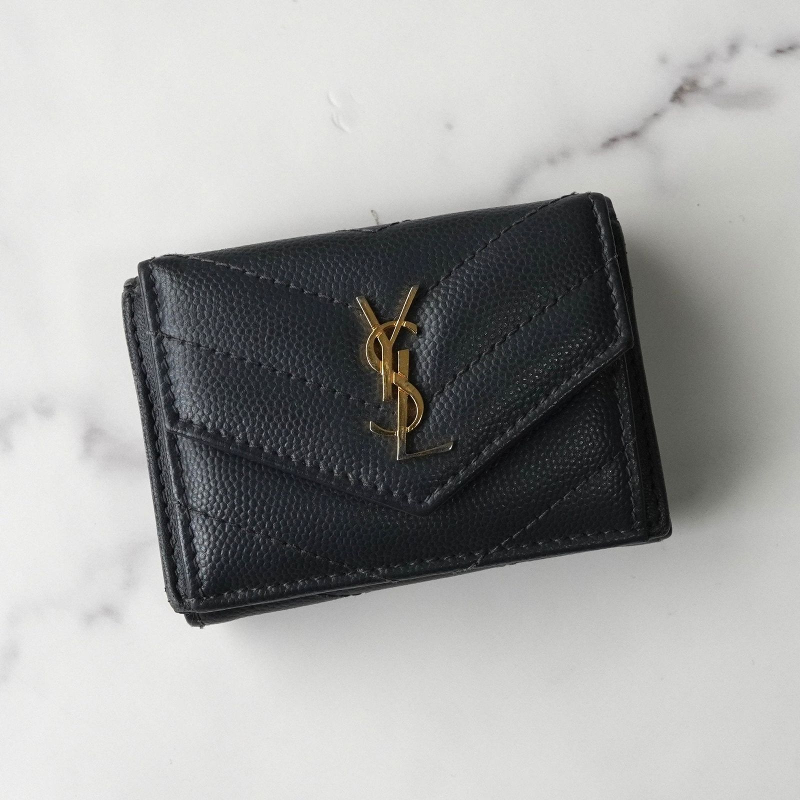 イヴ サンローラン YSLロゴ Vステッチ レザー 三つ折り財布 コンパクトウォレット グレー