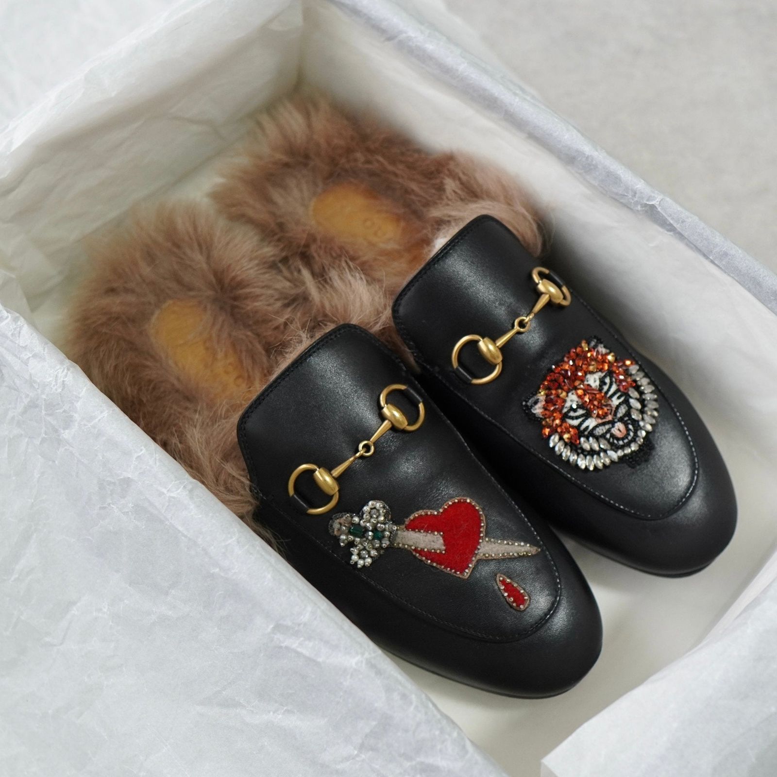 グッチ プリンスタウン ホースビット ファー レザー ミュール ブラック