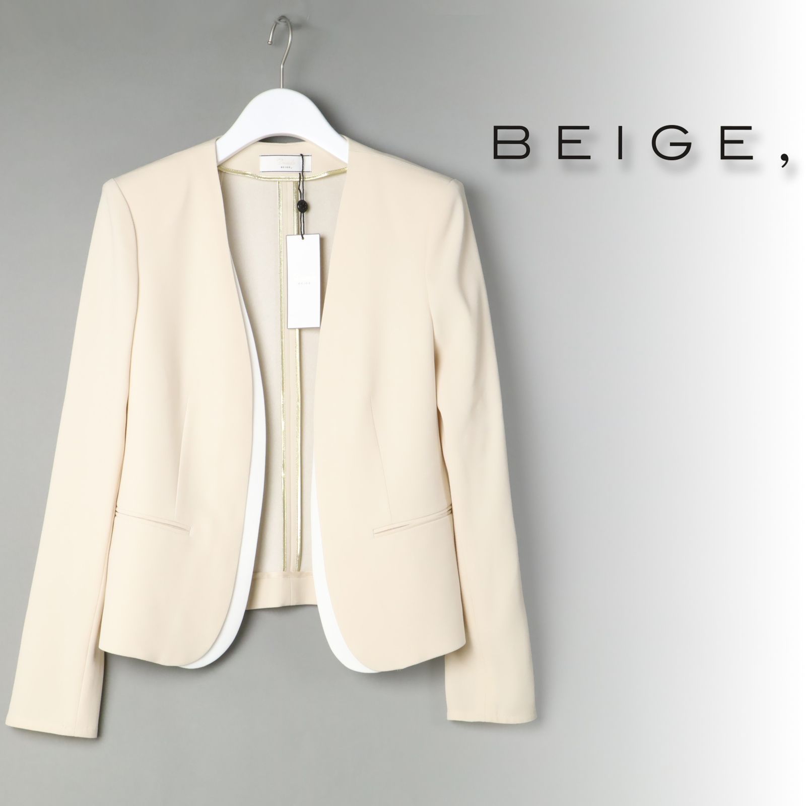 【美品】ベイジ セットアップノーカラー 　スーツ CINDY シンディ　ベージュ BEIGE，/ベイジ，｜ こだわりつくした「ベイジ」人気のセットアップ