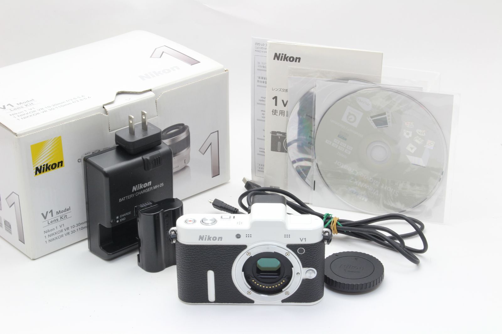 A Nikon ニコン V1 ボディ ホワイト 黒革張り加工 初期不良返品無料 10-60