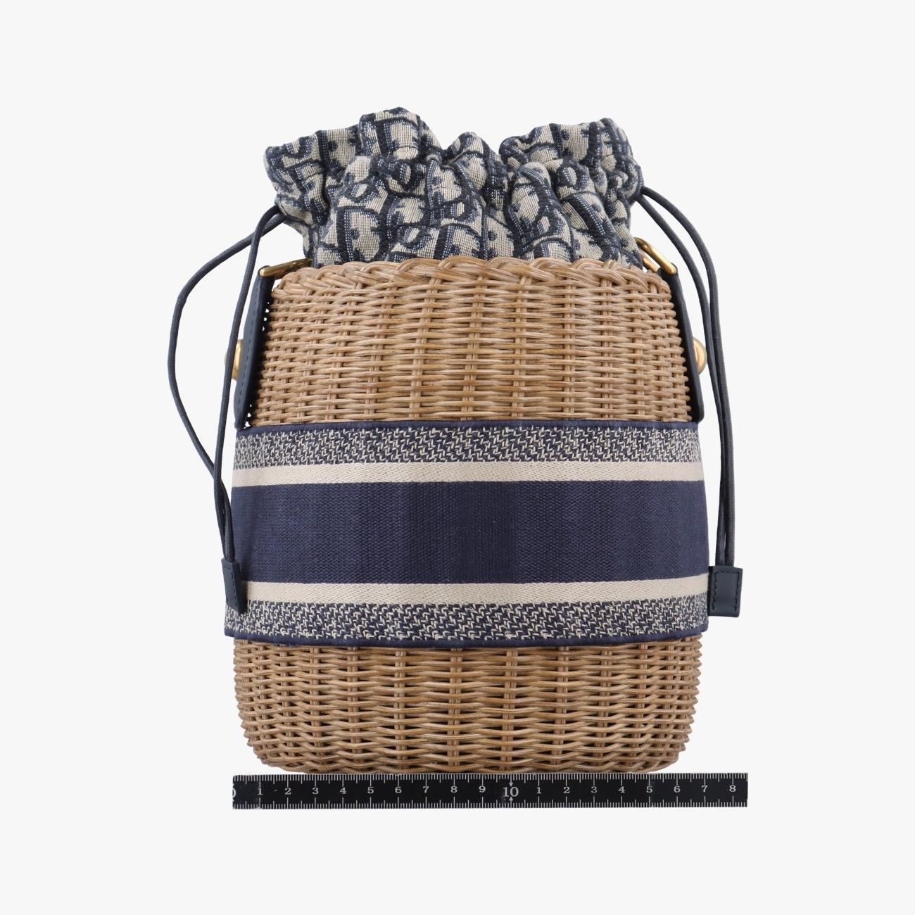 クリスチャンディオールChristian Diorウィッカー バケット ネイビー×グレー×ベージュ ナチュラルウィッカー×ディオール オブリーク ジャカード 63-MA-1200